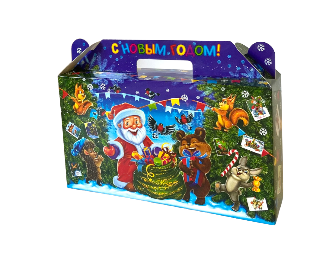 Коробка Новогодняя х/э 0,8кг Подарок горизонтальный "Дед Мороз и звери"